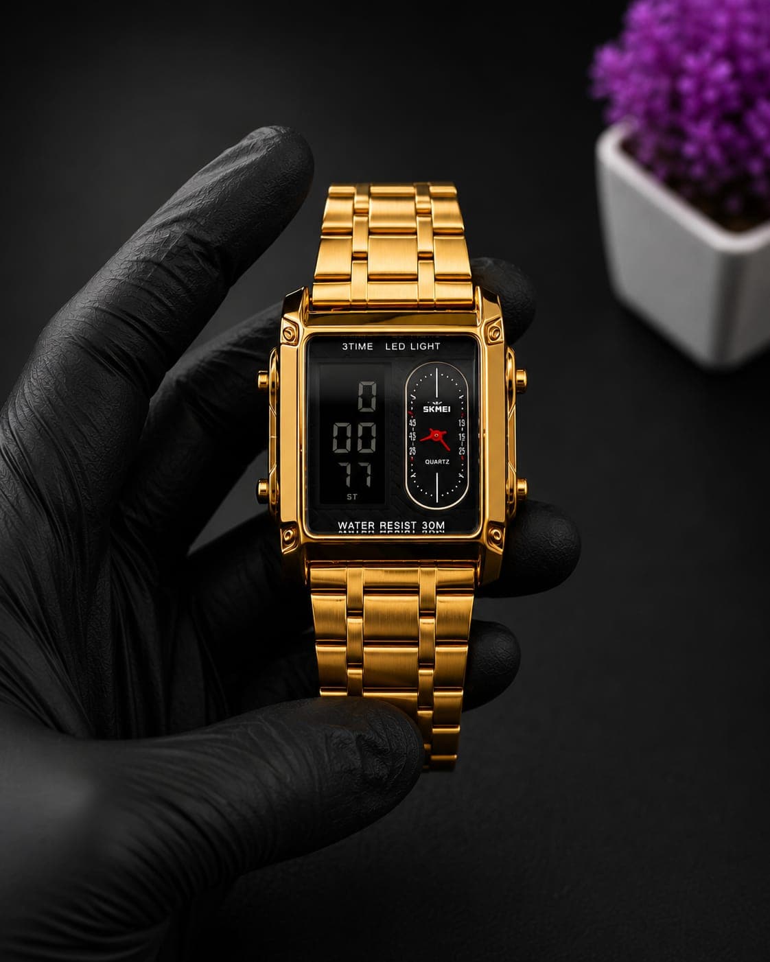 SKMEI Dual Display Gold Stainless Steel Watch – Analog & Digital | Waterproof | Premium Men's Watch
