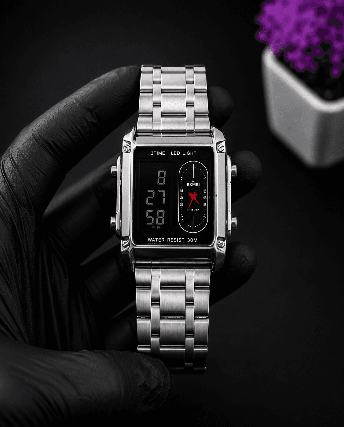 SKMEI Dual Display Stainless Steel Watch – Gray | Analog & Digital | Waterproof | Premium Men's Watch