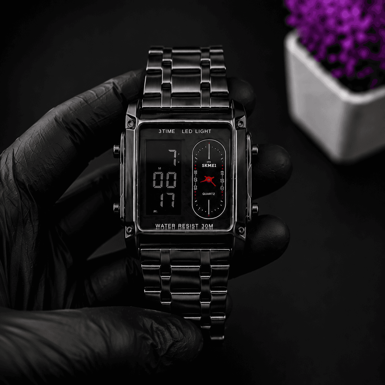 SKMEI Dual Display Stainless Steel Watch – Black | Analog & Digital | Waterproof | Premium Men's Watch