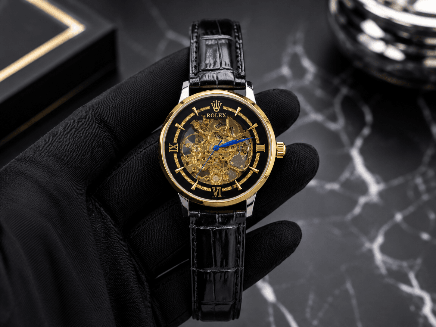 Luxury Skeleton Automatic Style Watch – Black Leather Strap | Gold Dial | Premium Men's Watch