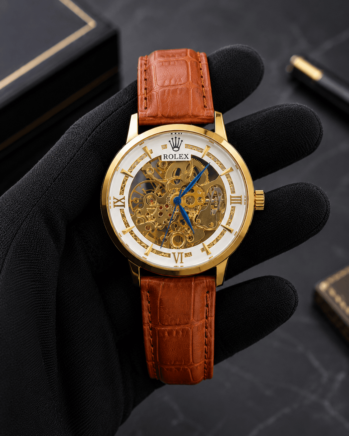 Rolex Skeleton Automatic Leather Strap Watch – Gold & Brown | Premium Mechanical Design