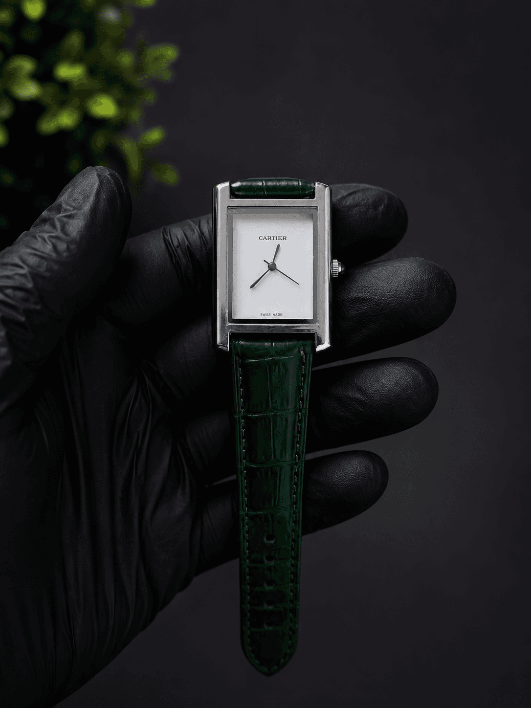 Cartier Rectangular Green Leather Watch – Silver Case | Minimalist Premium Men's Watch