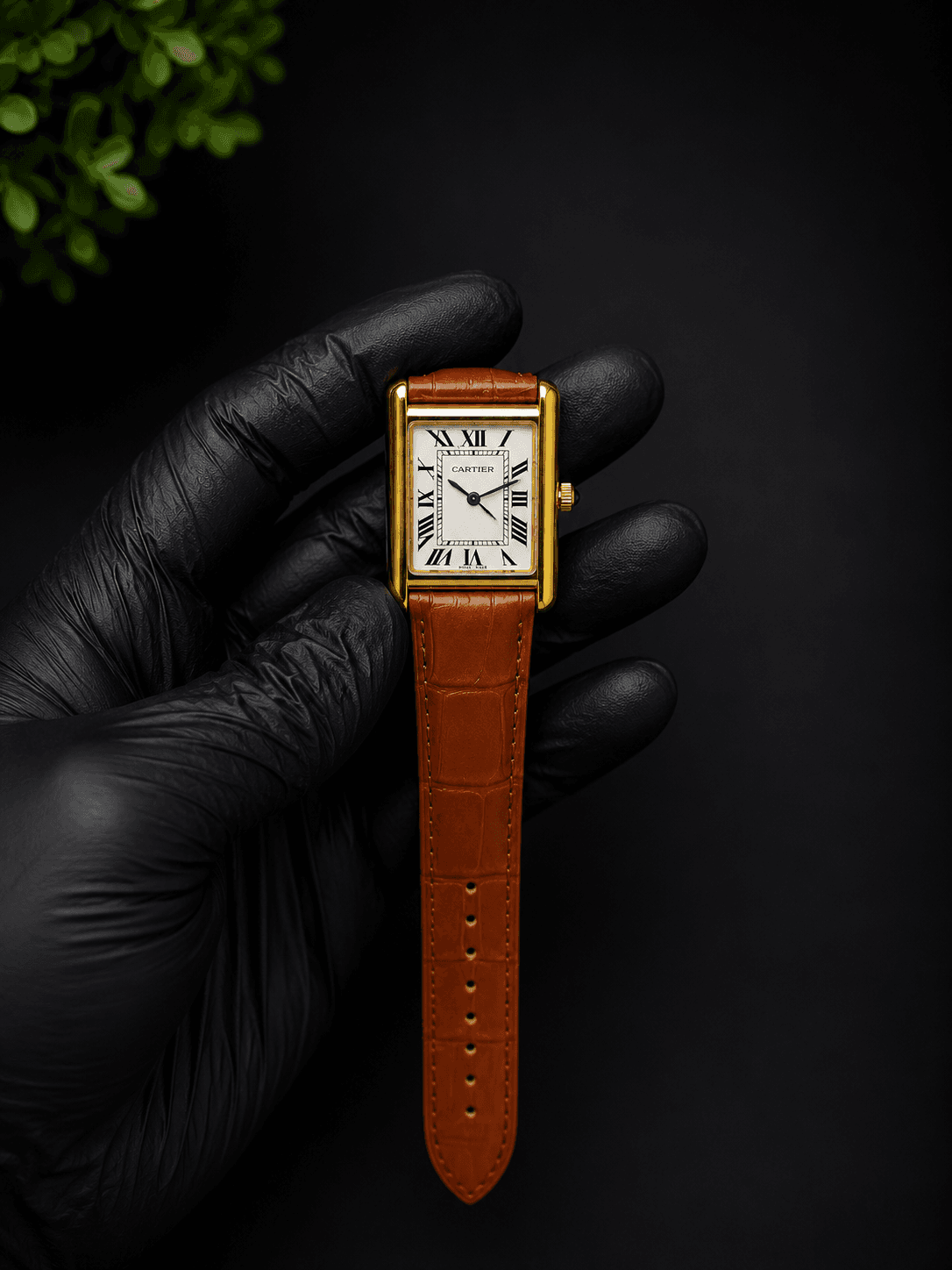 Cartier Rectangular White Dial Watch – Brown Leather Strap | Roman Numeral Analog Watch for Men