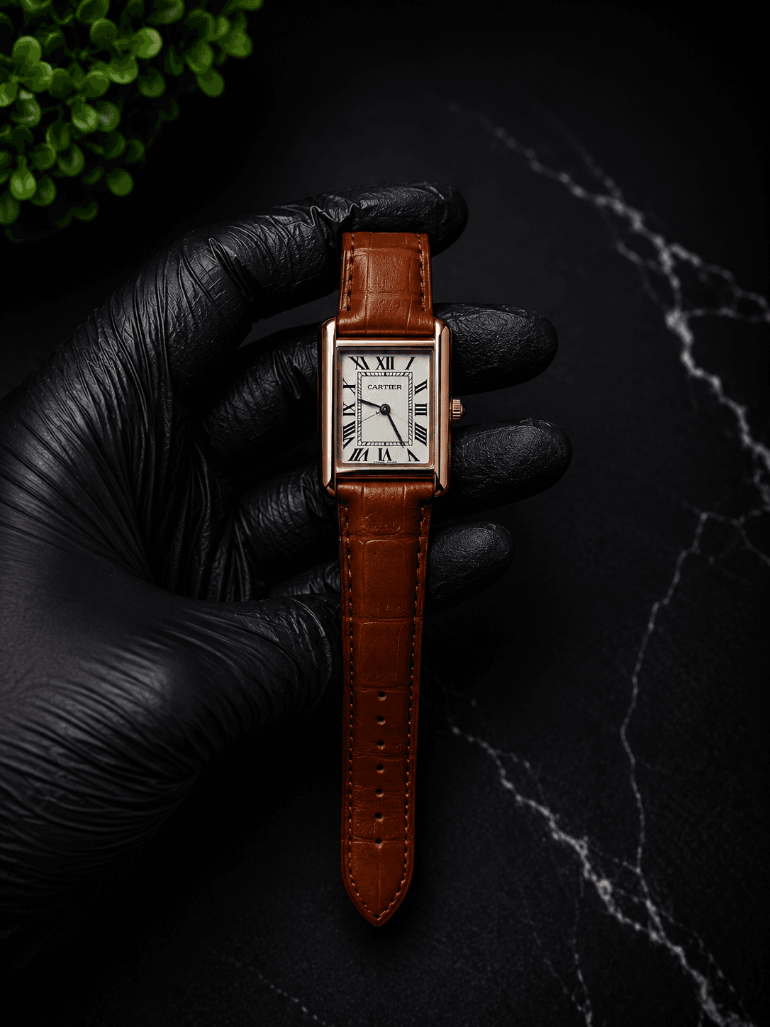 Cartier Rose Gold Rectangular Watch – Brown Leather Strap | Roman Dial | Premium Men's Watch