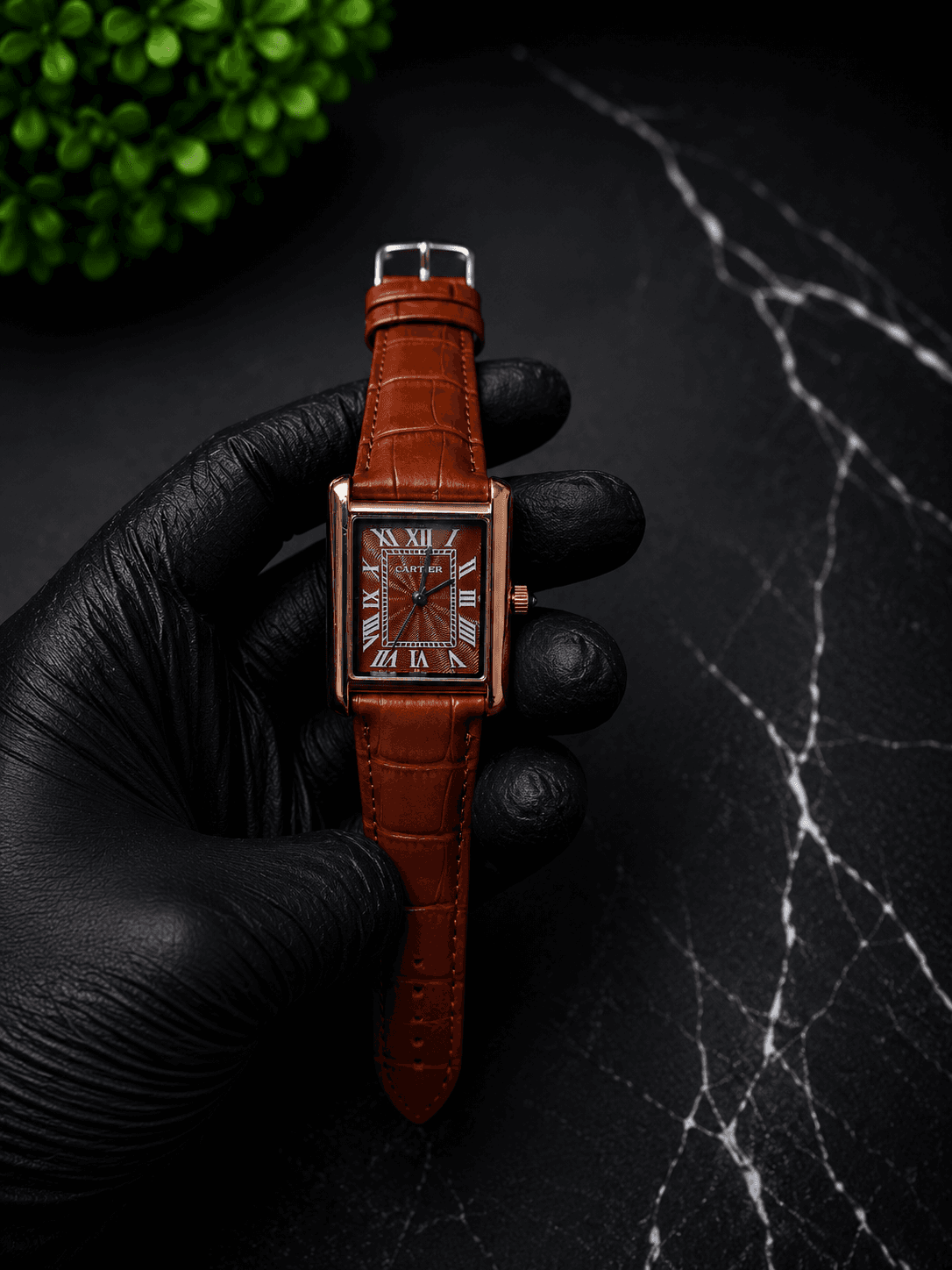 Cartier Brown Leather Rectangular Watch – Rose Gold Case | Roman Dial | Premium Men's Watch