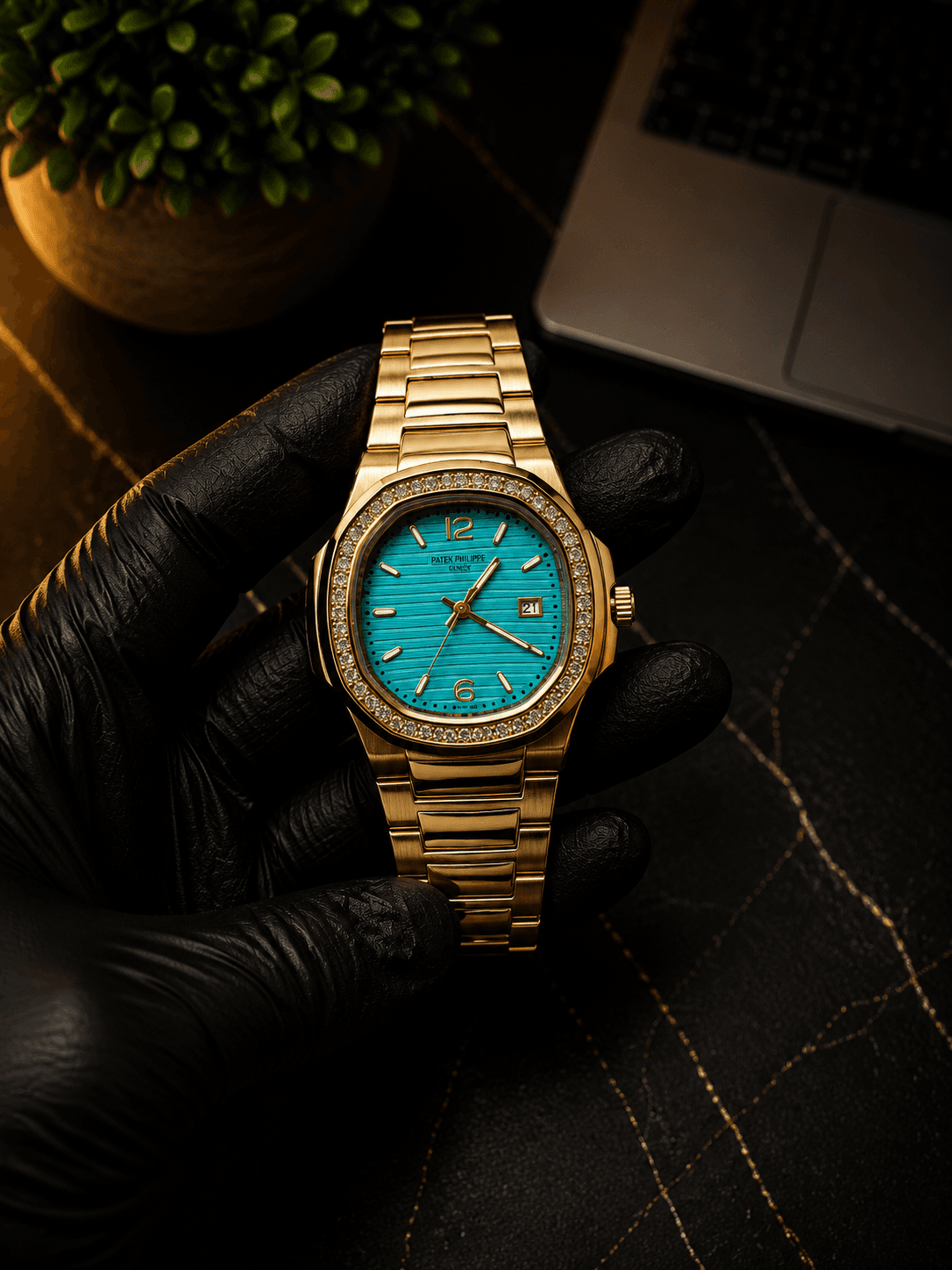Patek Philippe - Luxury Gold Crystal Bezel Watch – Turquoise Dial | Premium Stainless Steel Men's Watch
