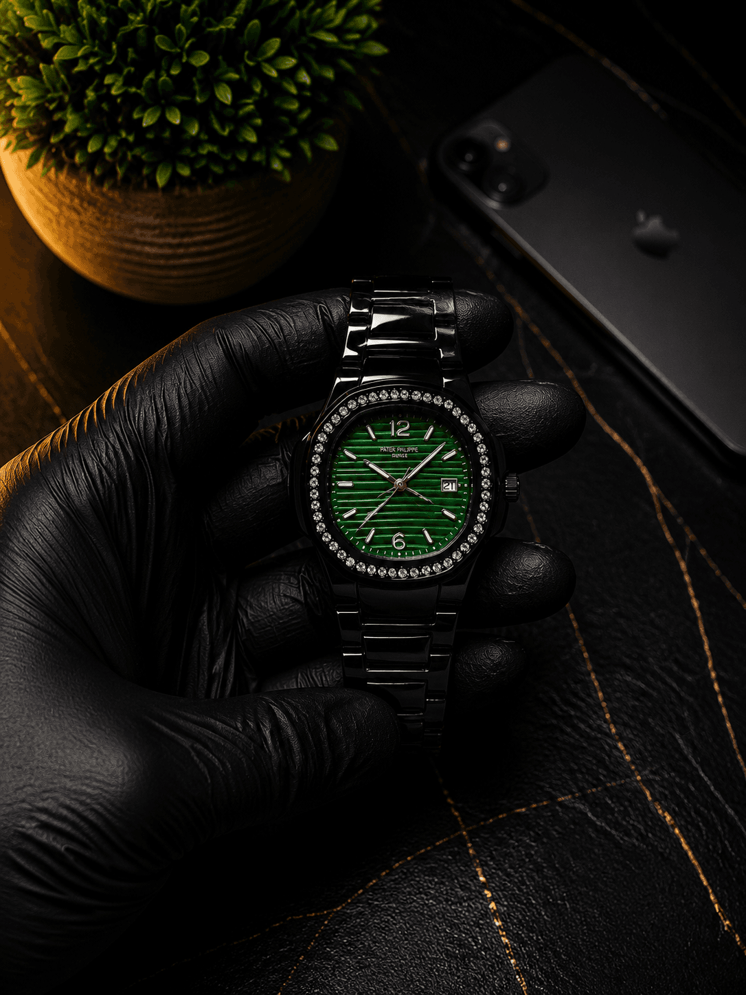 Patek Philippe - Luxury Green Dial Crystal Bezel Watch – Black Stainless Steel | Premium Men's Watch