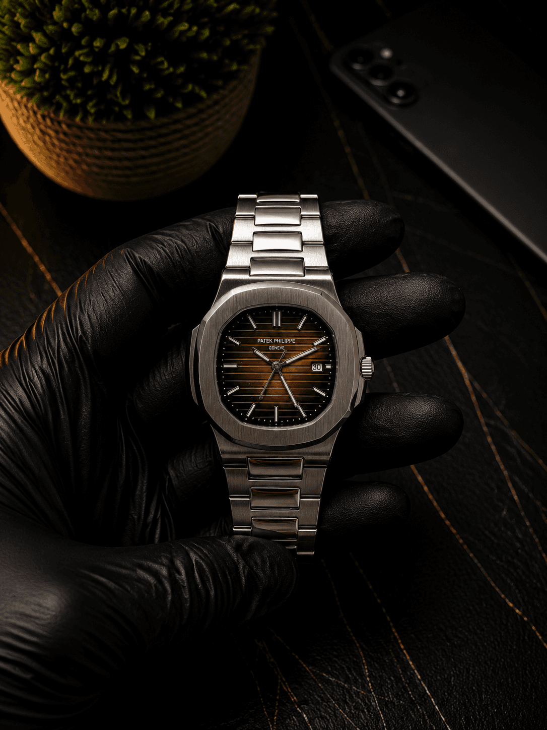 Patek Philippe - Luxury Silver Stainless Steel Watch – Brown Textured Dial | Date Display | Premium Men's Watch
