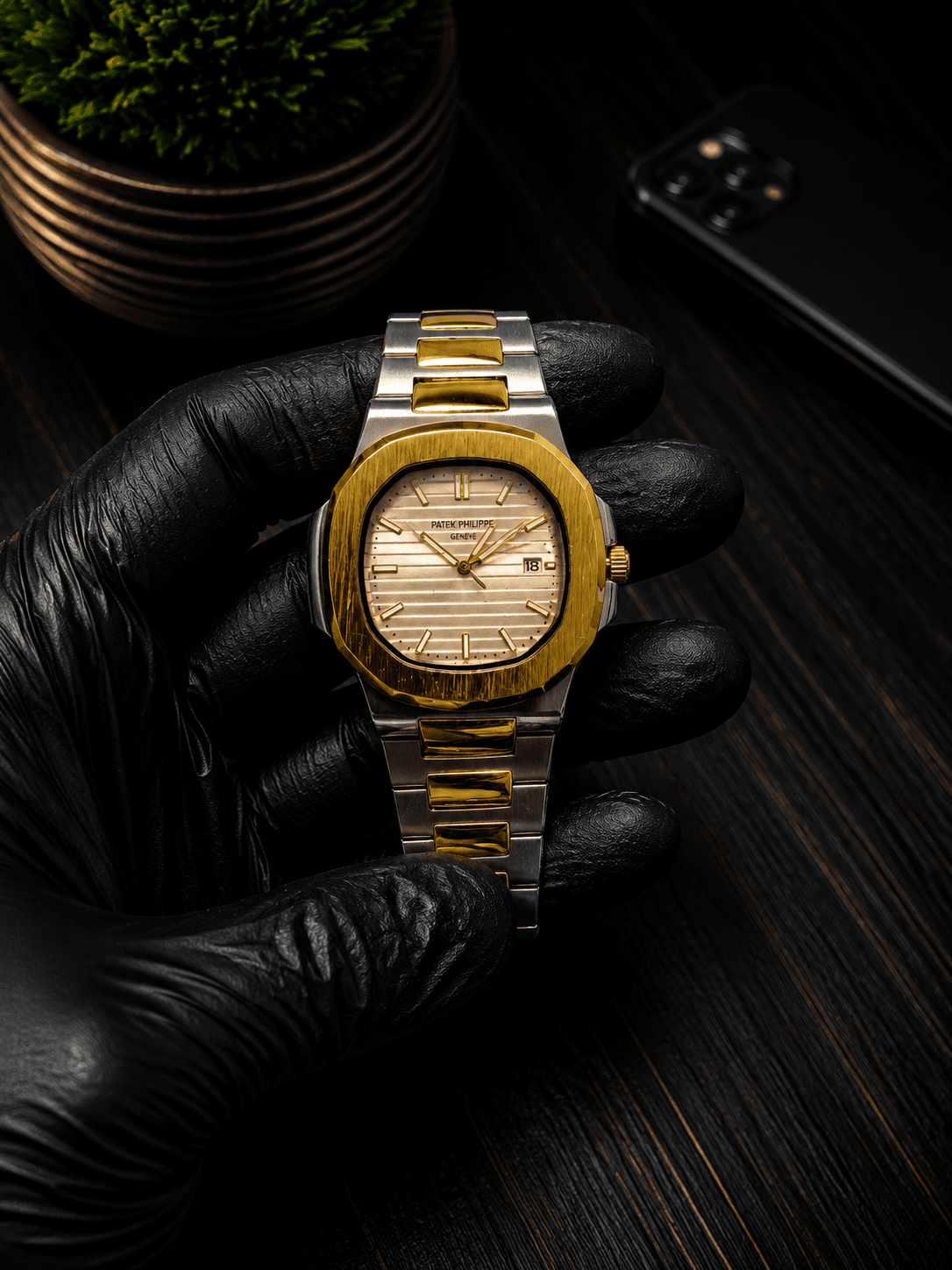 Patek Philippe Two-Tone Stainless Steel Watch – White Textured Dial | Gold & Silver Luxury Men's Analog Watch