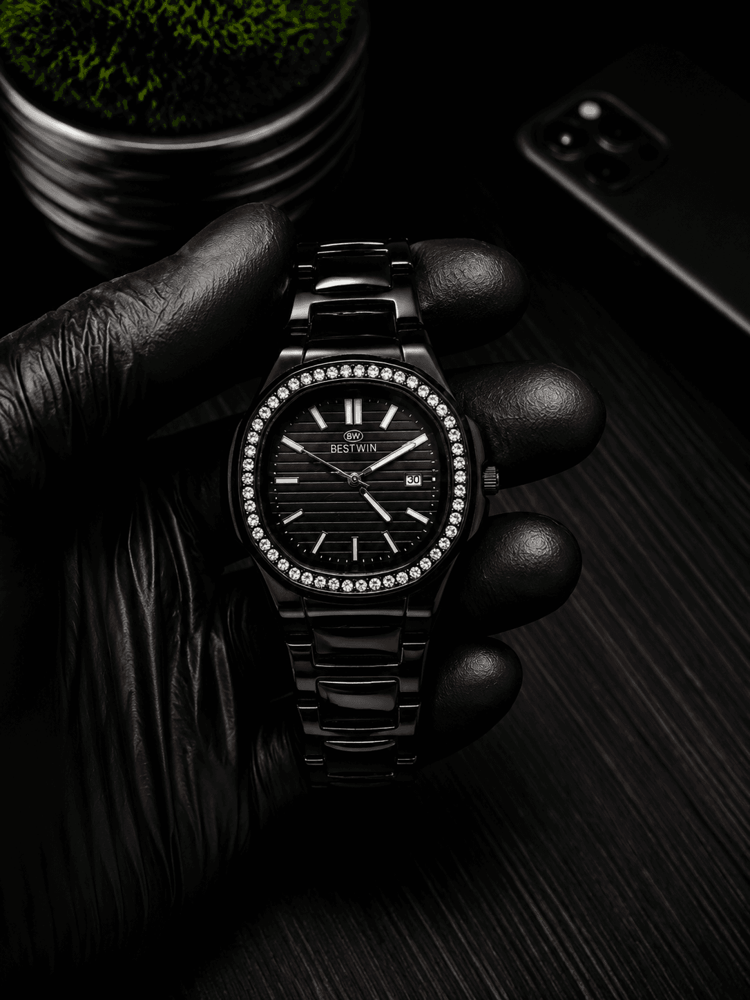 BESTWIN Black Crystal Bezel Watch – All Black Stainless Steel | Date Display | Premium Women's Watch