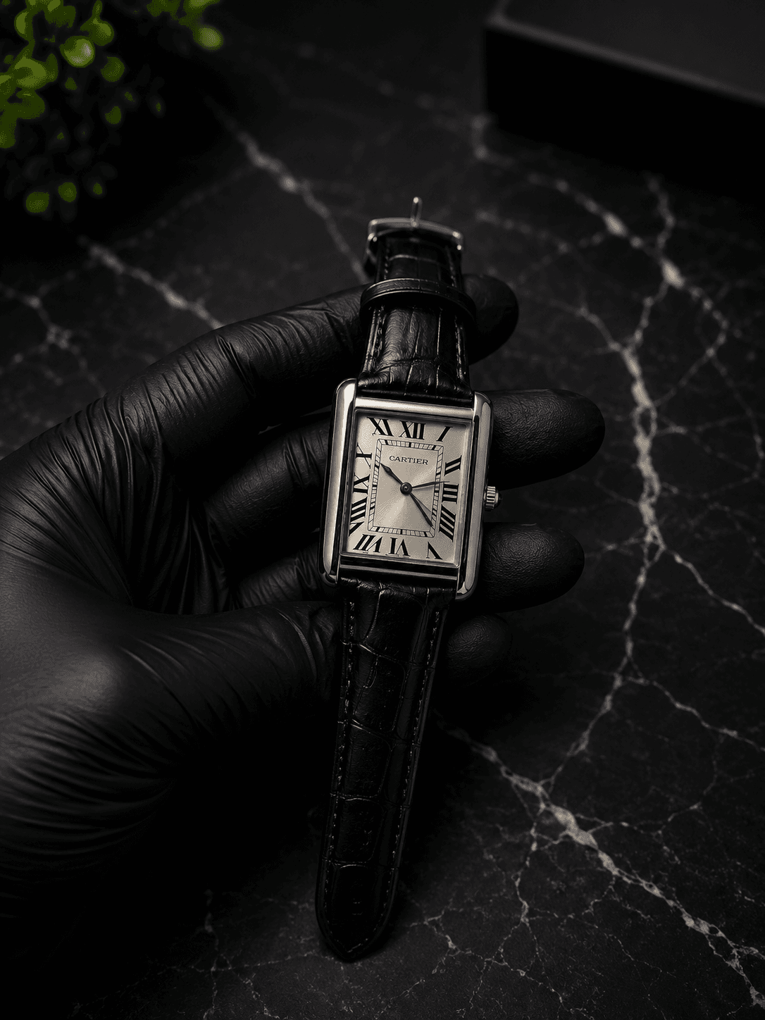 AYVI Rectangular Silver Dial Rectangular Watch with Black Leather Strap & Roman Numerals