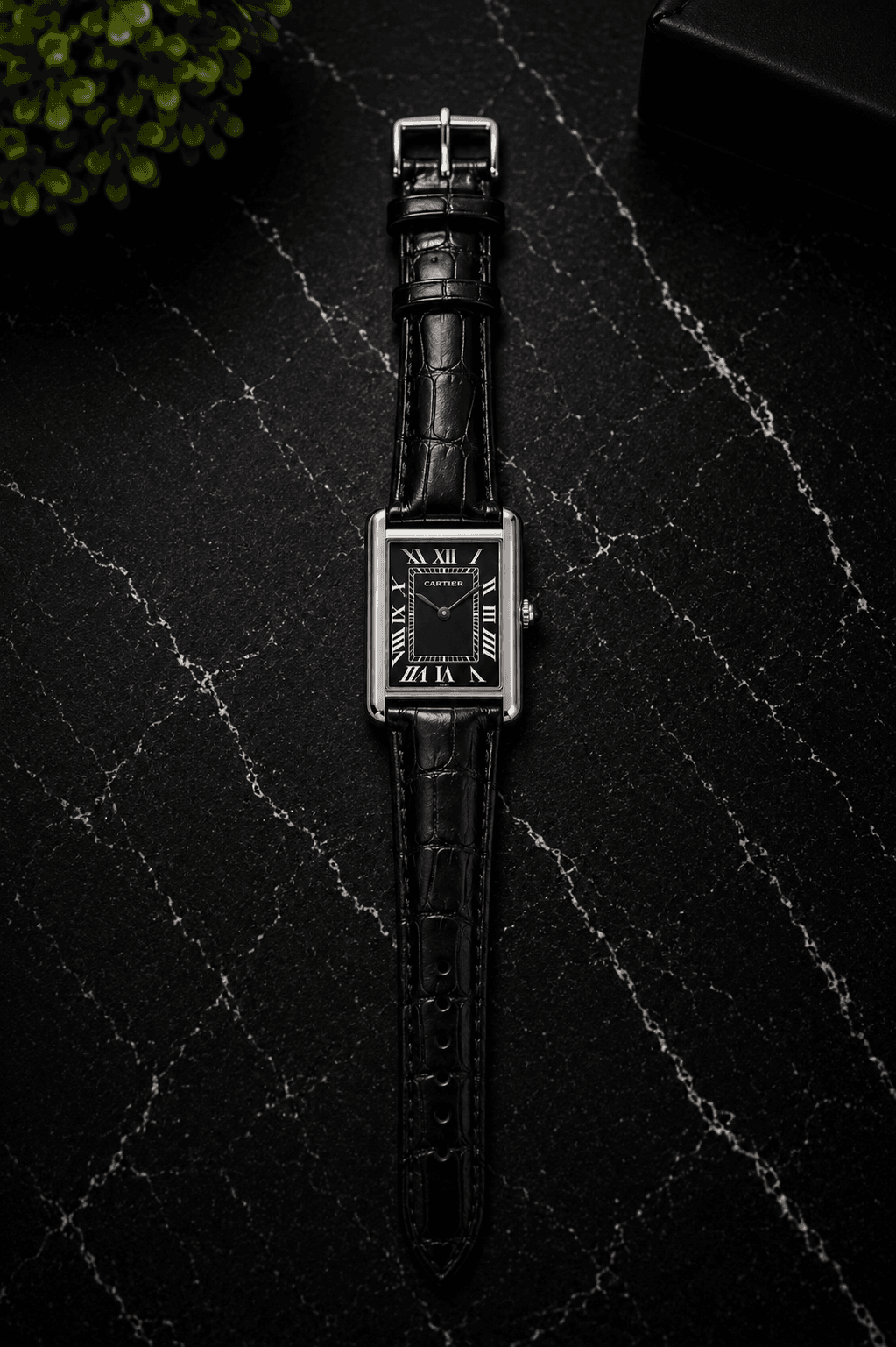 AYVI Rectangular Black Dial Silver Rectangular Watch with Black Leather Strap