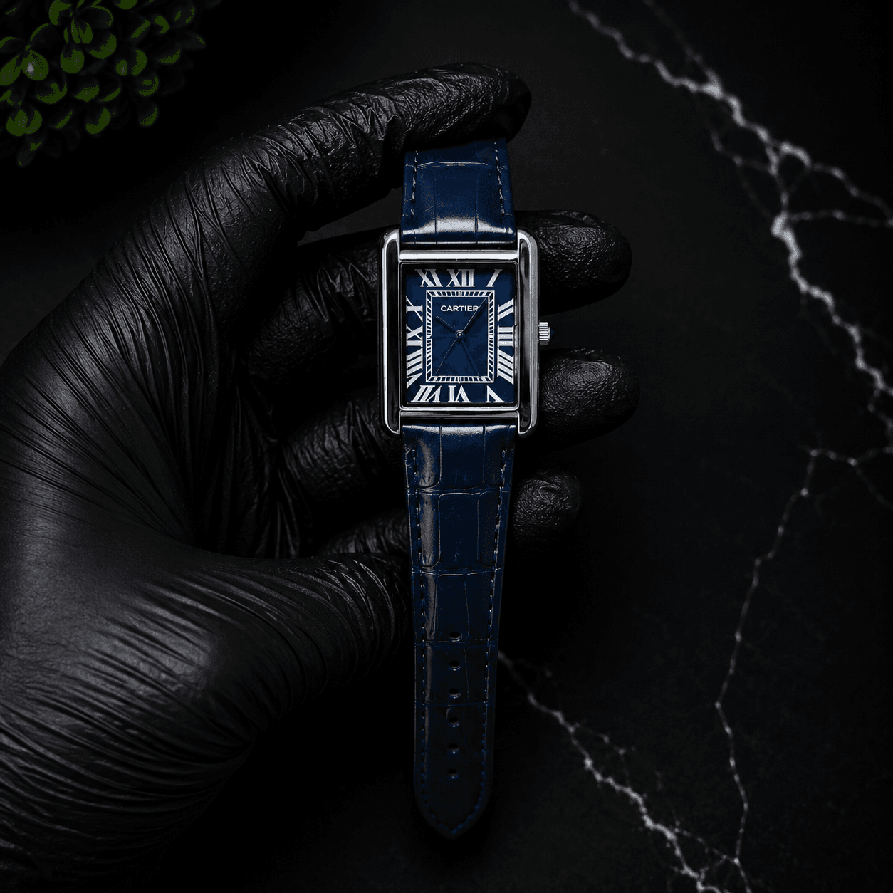 AYVI Rectangular Navy Blue Dial Silver Rectangular Watch with Navy Blue Leather Strap